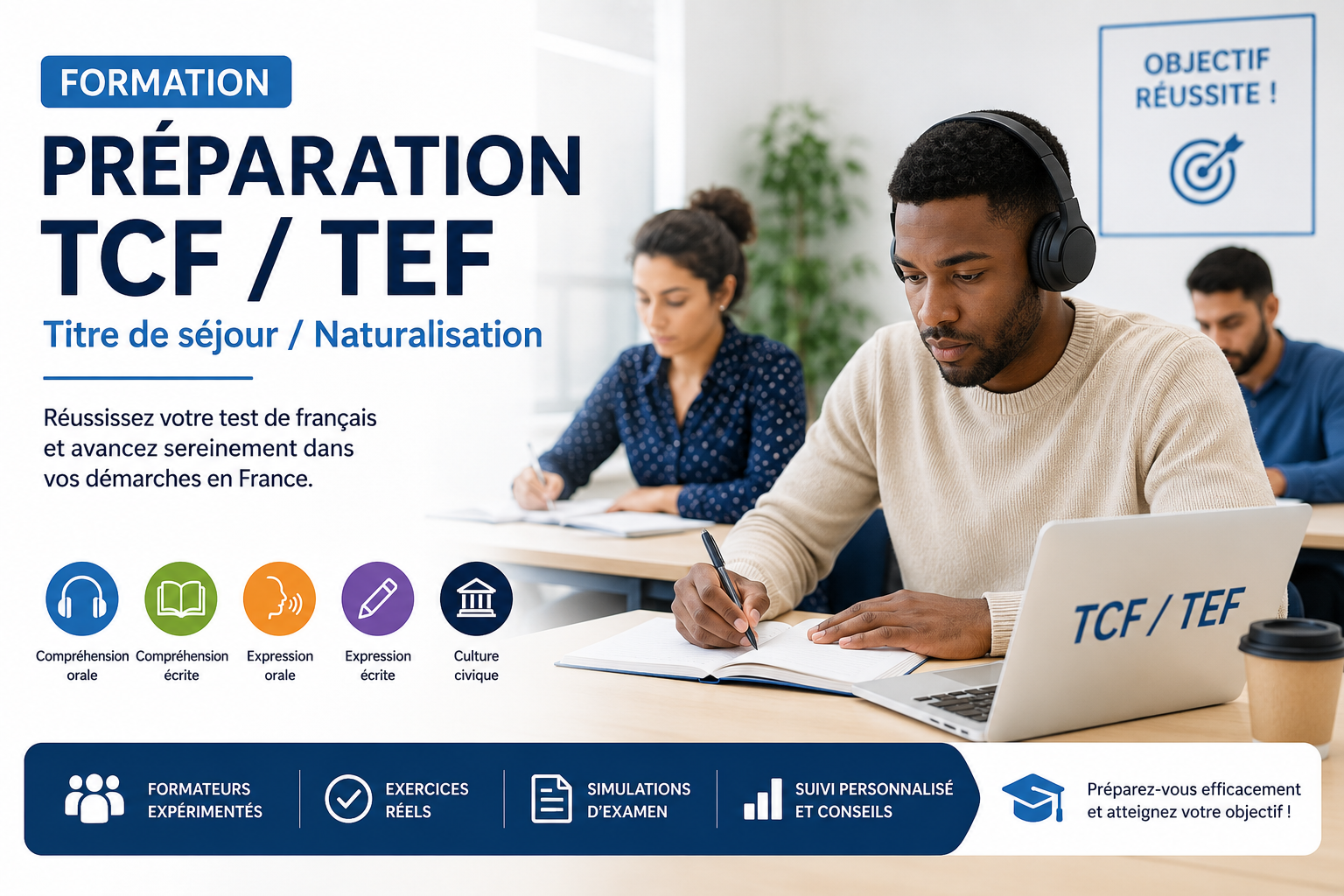 Préparation au test de français (TCF / TEF) – Titre de séjour / Naturalisation
